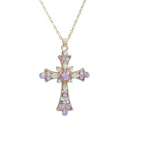 Sparkling Purple Rhinestone & Faux Opal Cross Pendant Necklace 19" Gold Plated - Picture 15 of 16